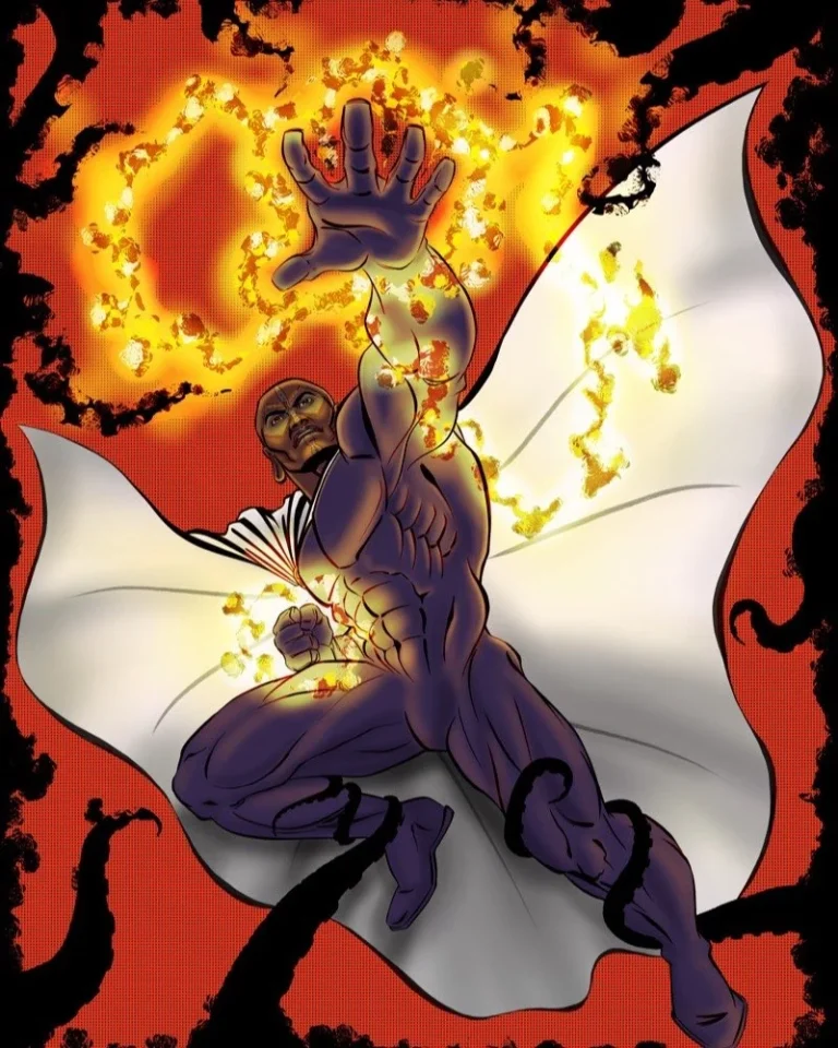 Caped hero wielding fire, illustration by Sketch Smith